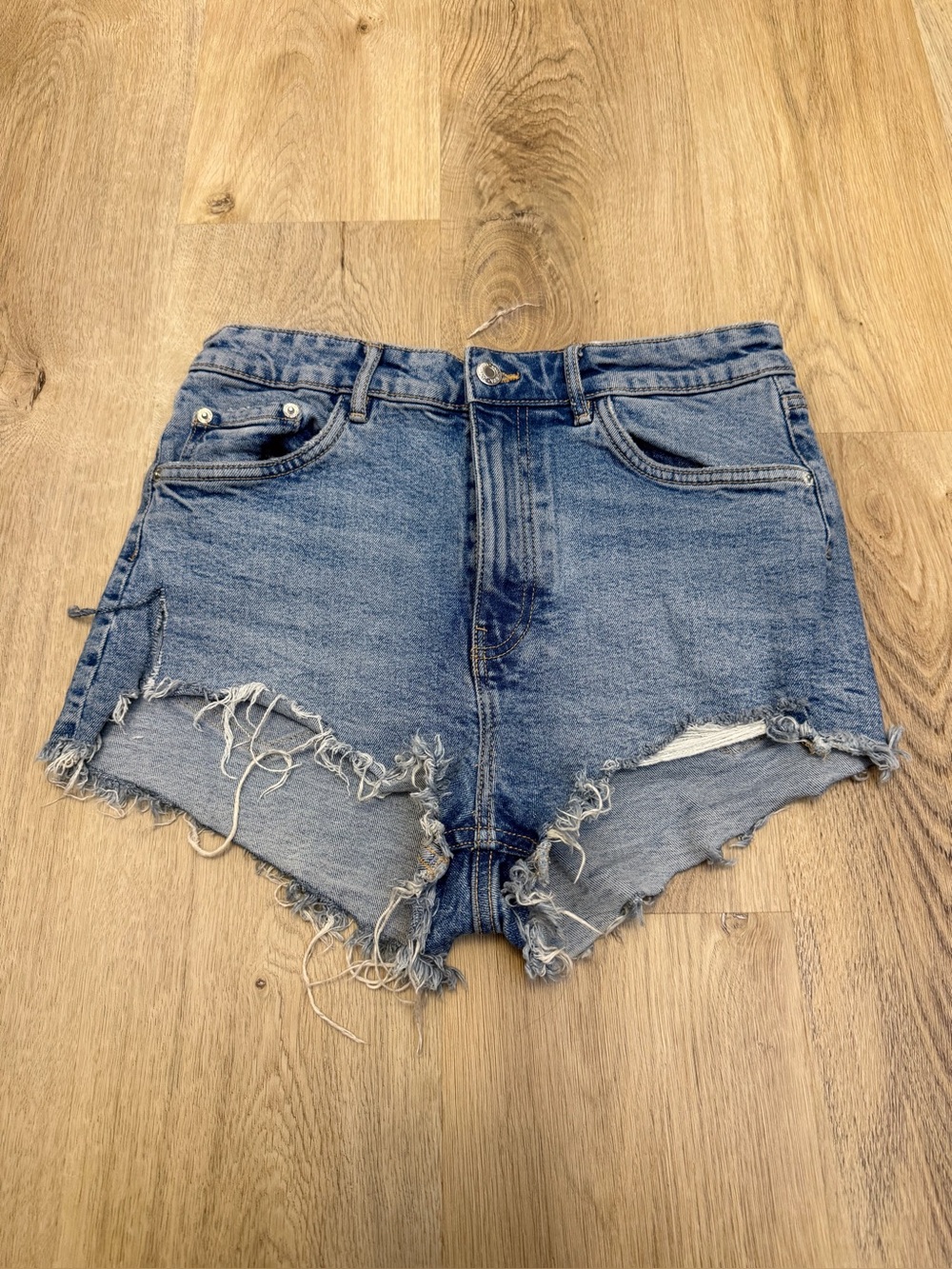 Zara Medium Blue Frayed Hem Distressed Denim Shorts